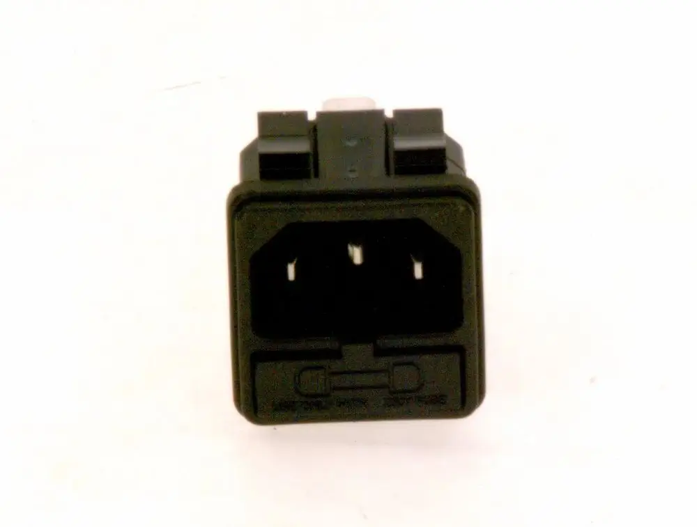 Schwarze elektrische Anschlussdose mit drei Kontakten, hergestellt von Bosch. Sie verfügt über eine Schmelzsicherung und ist für den Einsatz in elektrischen Geräten konzipiert.